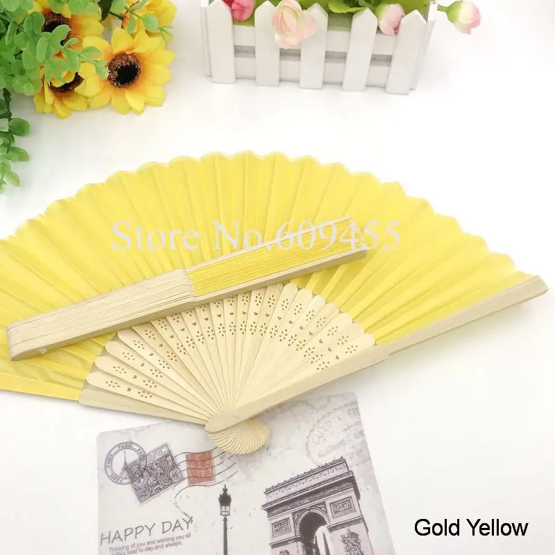 Gold Yellow 100 шт./лот, персонализированные свадебные шелковые веера, уникальные вечерние Подарочные Подарки, ручные складные веера, печать на заказ, имя и Дата - Цвет: Gold Yellow