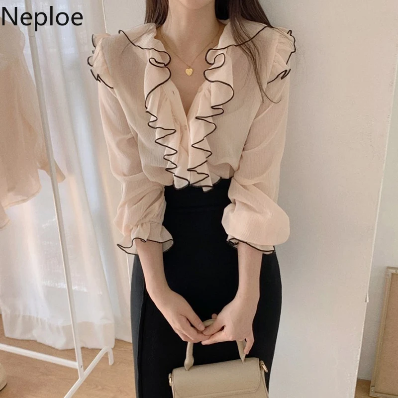 Женская однобортная Блузка с оборками Корейская блузка v-образным вырезом и