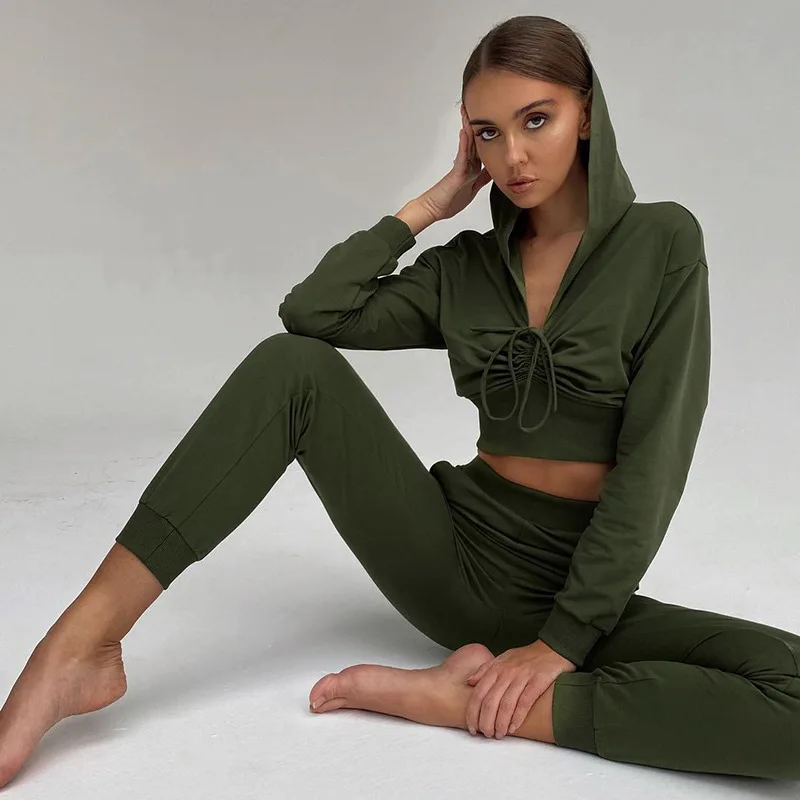 

FNOCE 2021 new spring women's sets fashion tracksuits sportwear solid long sleeve hooded shorts tops slim pants 2-pc suits