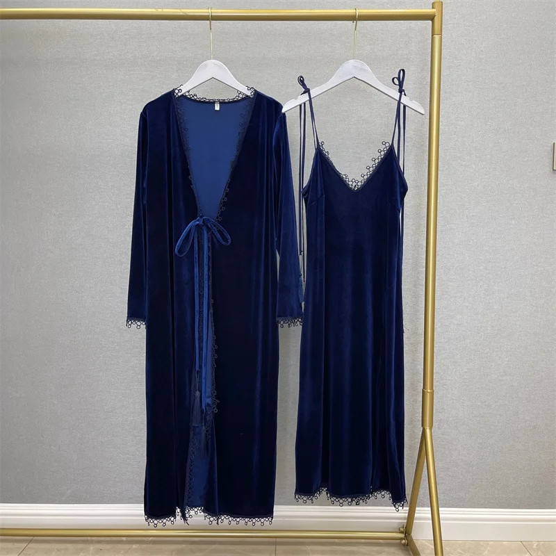 

Navy Blue Women Vlevet Sleep Set Casual Kimono Bathrobe Gown Intimate Lingerie Novelty Lace Sleepwear Velour Home Clothing