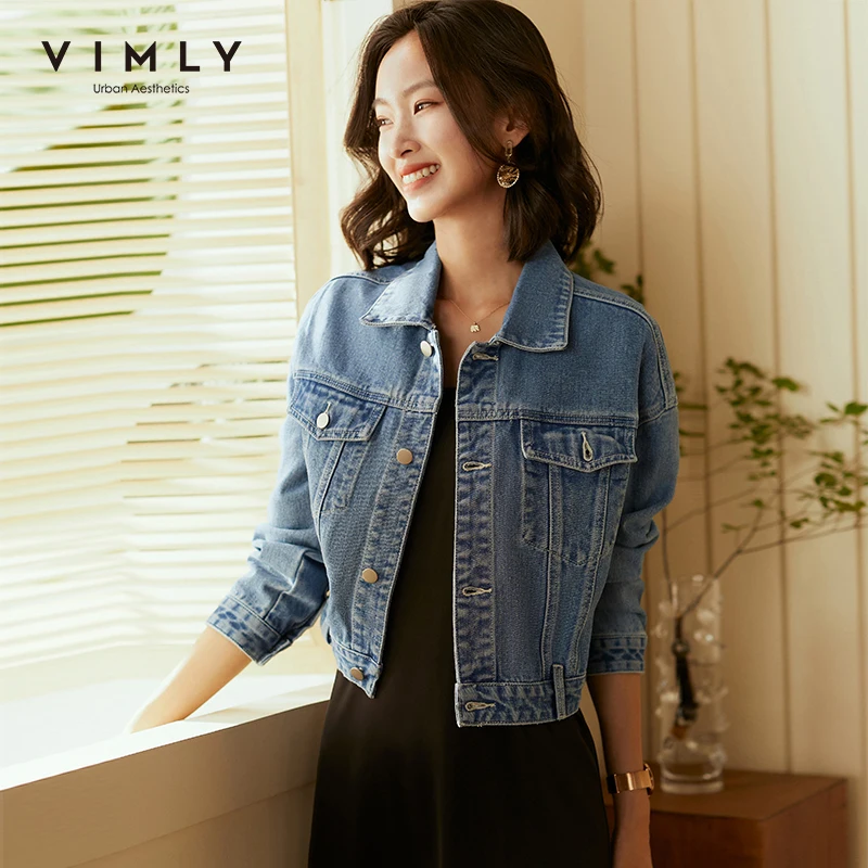 Vimly Осенняя джинсовая куртка для женщин модные однобортные однотонные короткие