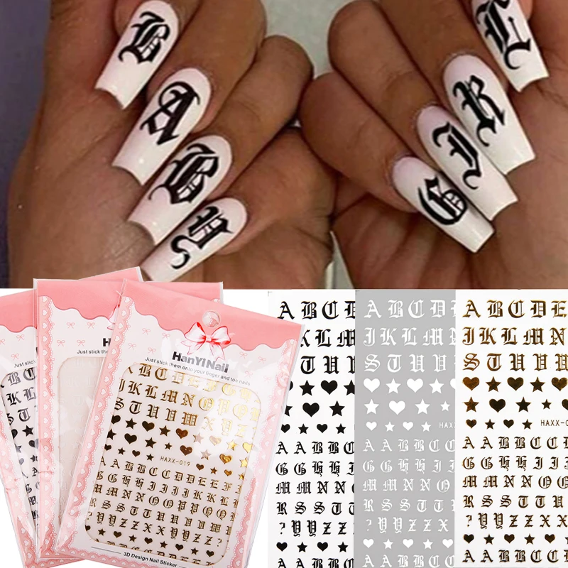 

1pcs Letter 3D Nail Art Sticker Nail Decal Gold Letters Black Words Character Nail Adhesive Sticker Decals Nails Decoration DIY