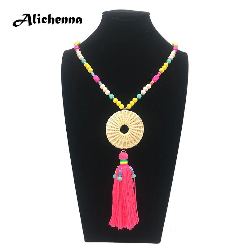 Alichenna ювелирные изделия Круглый ротанг женщин кисточкой ожерелье богемные