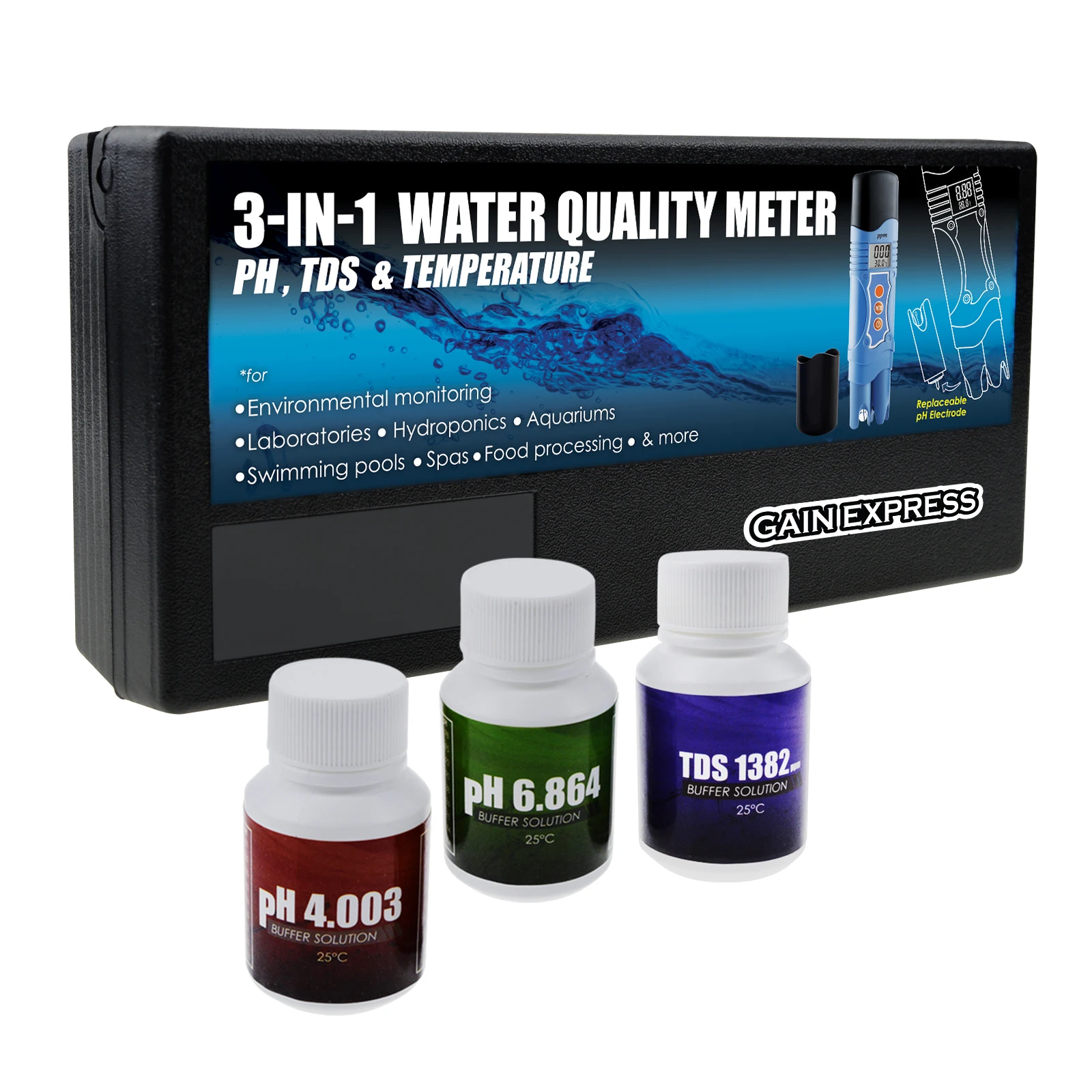 

3-in-1 pH / TDS / Temperature Meter Combo Water Quality Meter 0.00~14.00pH 0~1999mg/L(ppm), Pool, Spa(OEM packaging available)