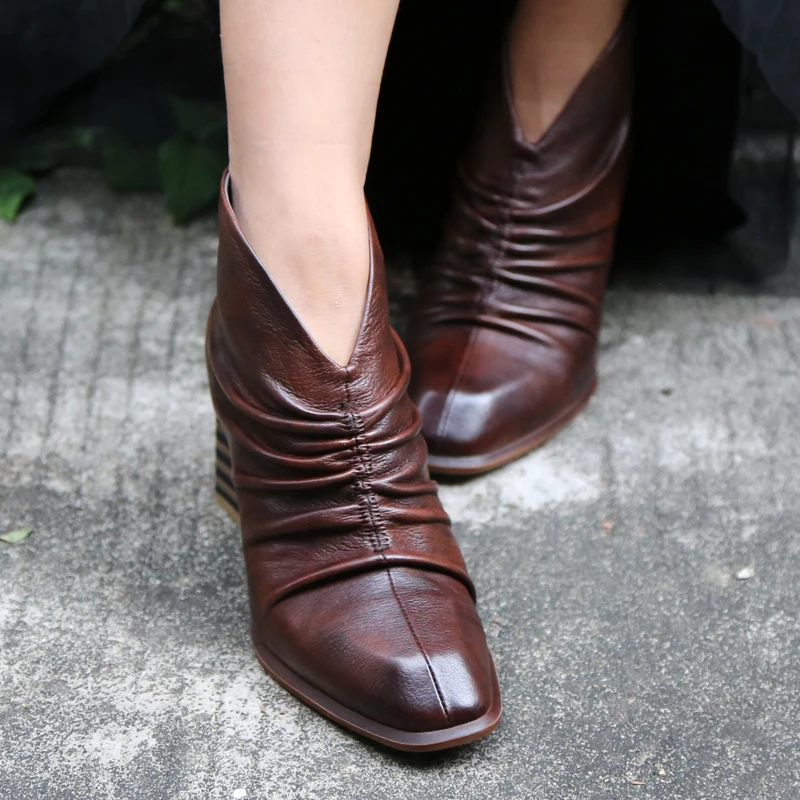 Женские ботильоны ручной работы из натуральной кожи плиссированные элегантные