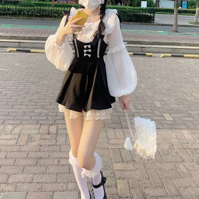 

Женское кружевное платье в японском стиле Kawaii Lolita, Осеннее милое лоскутное платье на бретелях, женские повседневные корейские вечерние мини-платья 2021