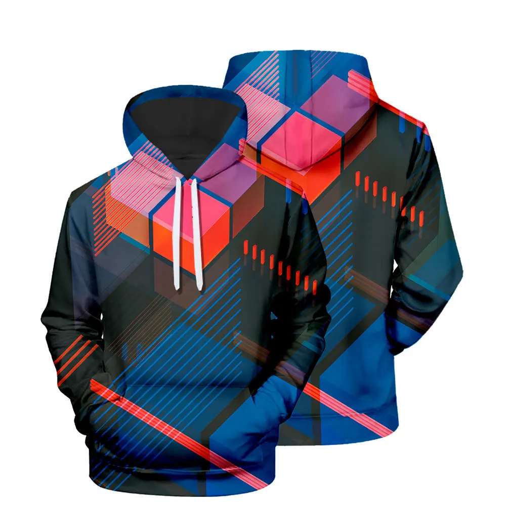

Men'S 3D Geometric Solid Square Printing Hooded Fashion Pullover Casual