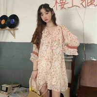 fashion womens summer korean sweet lolita dress floral v neck stitching ruffled chiffon short sleeved loose slimming dress