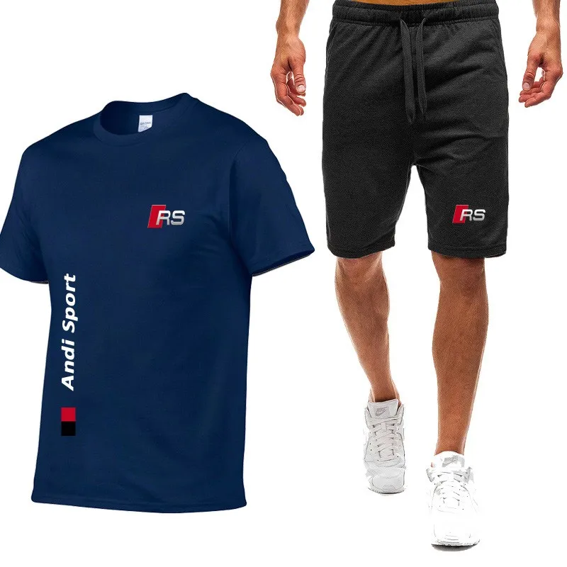 

New Fashion Men's T-shirt Logo Printing Summer Harajuku Short-sleeved High-quality Gradient Cotton Men's T-shirt + Shorts Suit 2