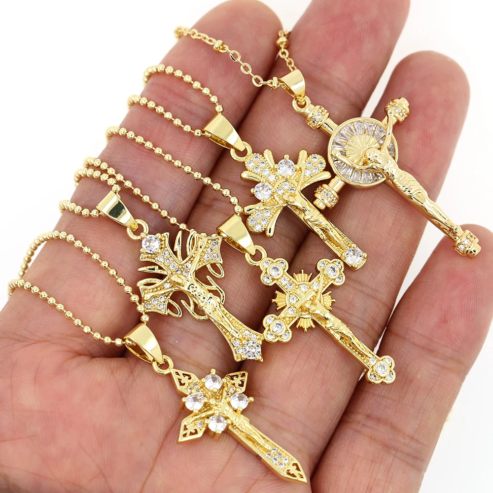 2021 Christian Cross Pendant Necklace Chain Gold Color Men Women Cubic Zirconia Jesus Religious Jewelry Christmas New Year Gift images - 6