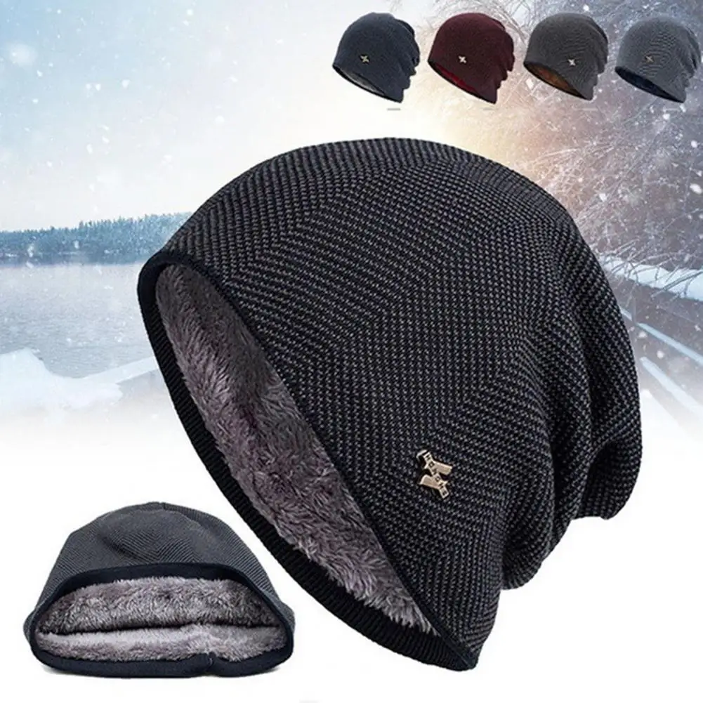 

Solid Color Fedora Men Cap Double Layers Plush Lining Knitting Hat Men Beanies Cap Autumn Winter Ear Protection Fedora Men Hat