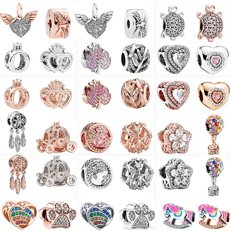

New Silver Color Rose Gold Charm Carriage Angel Wings Balloon Crown Bead Fit Original Pandora Charms Bracelet Women Girl Jewelry