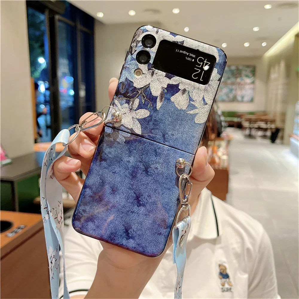 

Beautiful Flower Phone Case For Samsung Galaxy Z Flip 3 Case Cute Anti-lost Lanyard Protect Phone Cover For Women Girls 2022 New