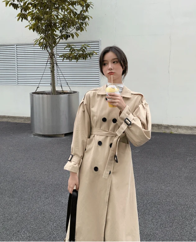 

Autumn Casual Long Trench Coat New Fashion Elegant Slim Khaki Jacket With Belt Casaco Feminino