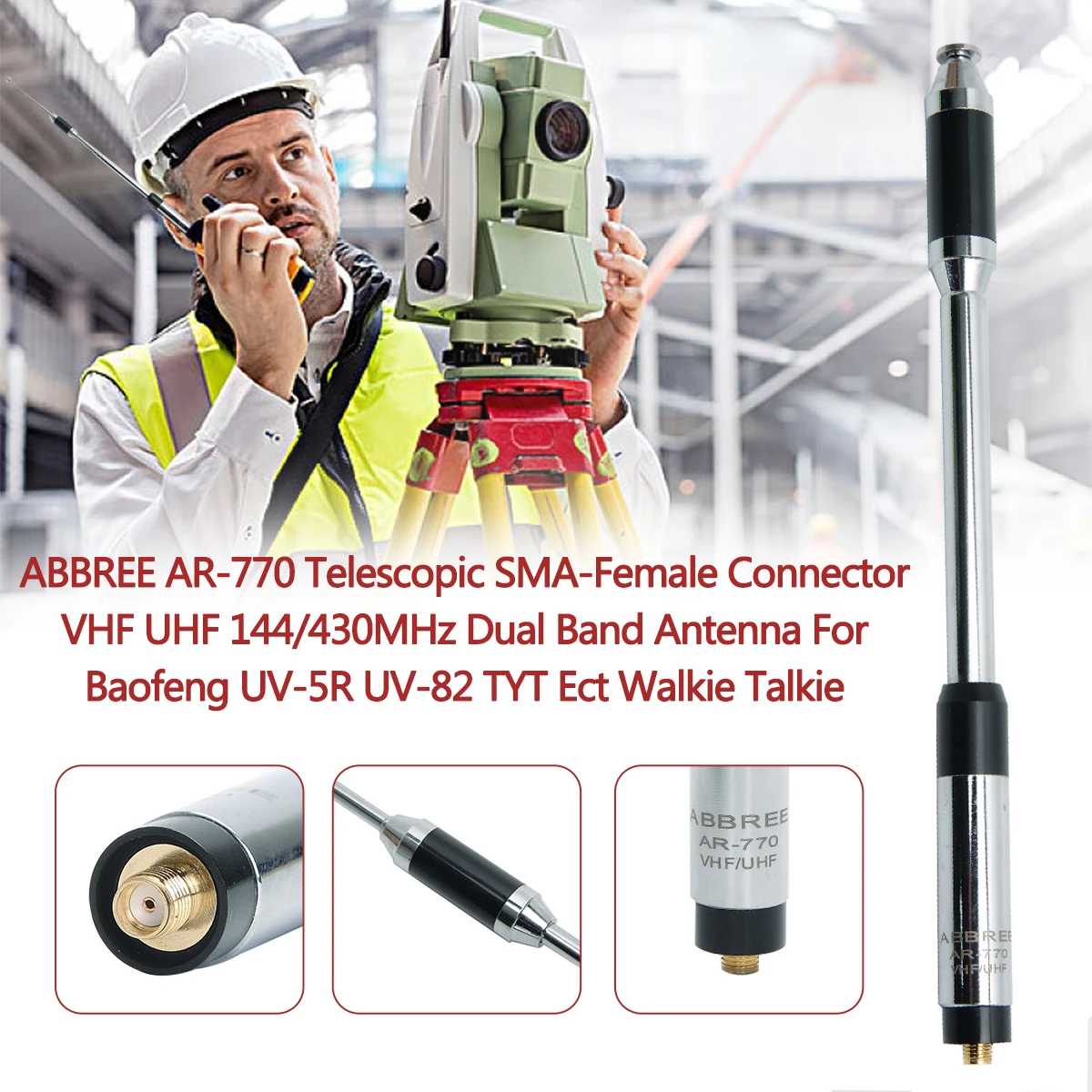 

ABBREE AR-770 SMA-Female Telescopic Dual Band 144/430MHz Antenna for Baofeng UV-5R UV-82 BF-888S KG-UVD1P Walkie Talkie