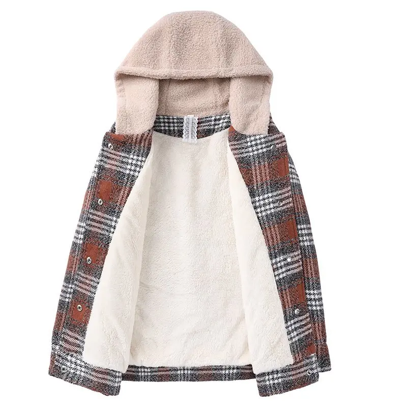 

Winter Plaid Jacket Women Soft Fur Liner Jacket Hooded Outwear Vintage Plus size Loose Thick Warm Coat
