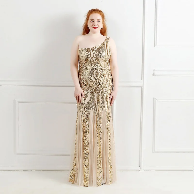 

Women's formal prom evening dress one shoulder sequined mermaid long wedding party dress Plus size