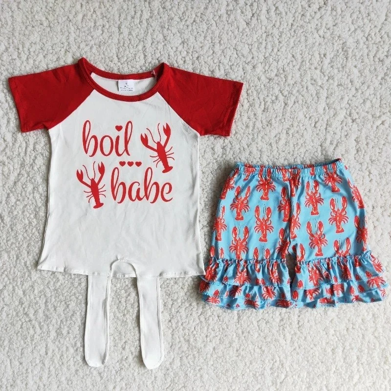 Wholesale Baby Girls Boutique Summer Clothing Crawfish Jumpsuit Lace Romper Newborn Infant Boil Babe Crayfish Children Overalls images - 2