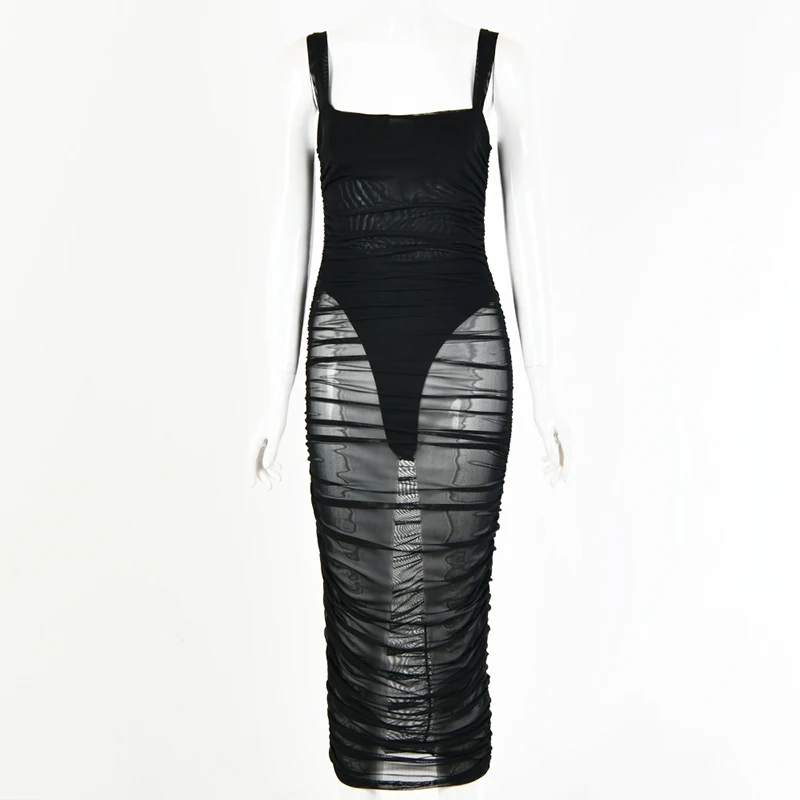 

See Through Midi Mesh Dress Summer 2020 Spaghetti Strap Transparent Sexy Party Dress Women bodycon Vestidos Club Wear