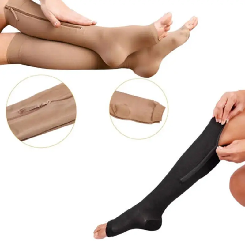 

New Unisex Compression Black Zipper Leg Slimming Stocking Zipper Leg Support Open Toe Knee Stockings