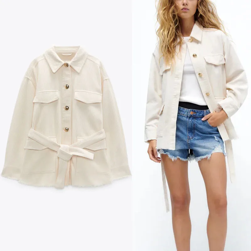 

Za 2021 Loose Belted Corduroy Jacket Women Long Sleeve Frayed Hem Vintage Overshirt Female Chic Button Up Autumn Casual Jackets