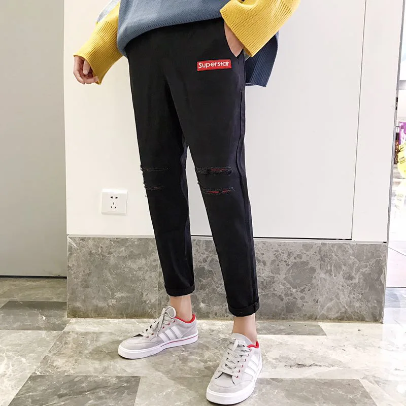 

Vintage Fashion Men Jeans Summer Autumn Loose Fit Elastic Waist Keen Holes Cargo Denim Pants Hip Hop Ankle Length Jeans