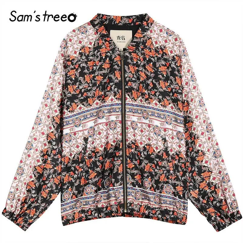 Многоцветный Samstree винтажное Женское пальто с цветочным принтом, осень, новая уличная мода, женские куртки, Повседневная Свободная одежда для офисных леди - Цвет: Многоцветный