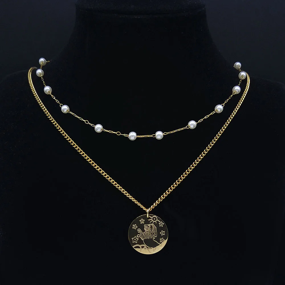 

2PCS 12 Constellations Stainless Steel Pearl Leo Layered Necklaces Gold Color Astrology Choker Necklace Jewelry joyas N9205S04