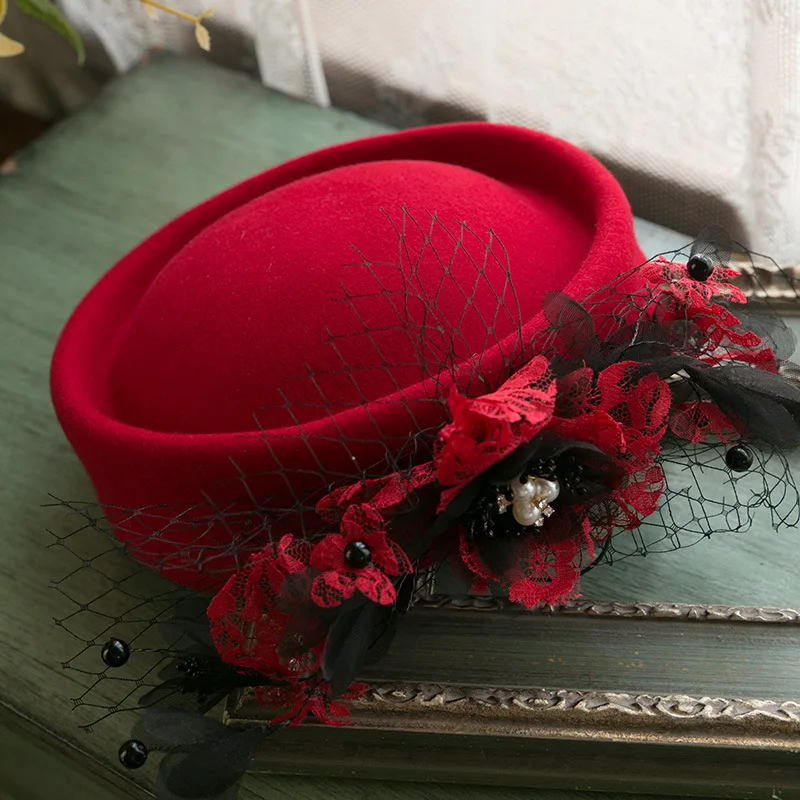 

Vintage Red Pure Wool Fedora Cap Women Mesh Flower Fascinator Hat Headwear Elegant Ladies Autumn Pillbox Church Wedding Hat 2020