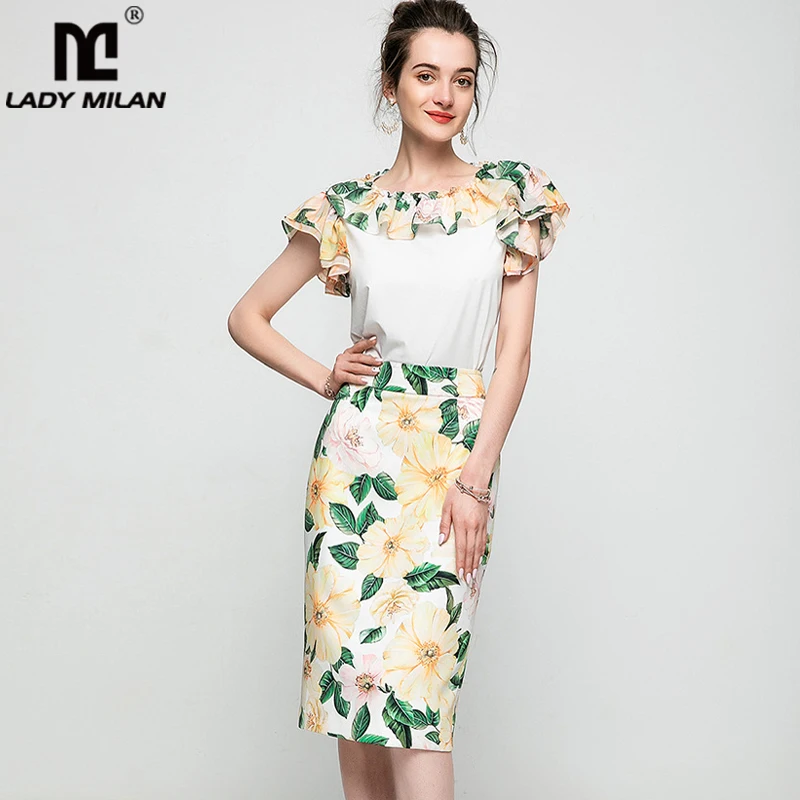 

Женское модельное платье из двух предметов, блузка с круглым вырезом и юбка-карандаш с цветочным принтом, модные костюмы-двойки