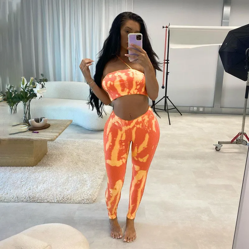 

2 Piece Set Tracksuits Women Tie Dyeing Print Slash Neck Single Strap Tank Crop Tops High Waist Pants Leggings Female