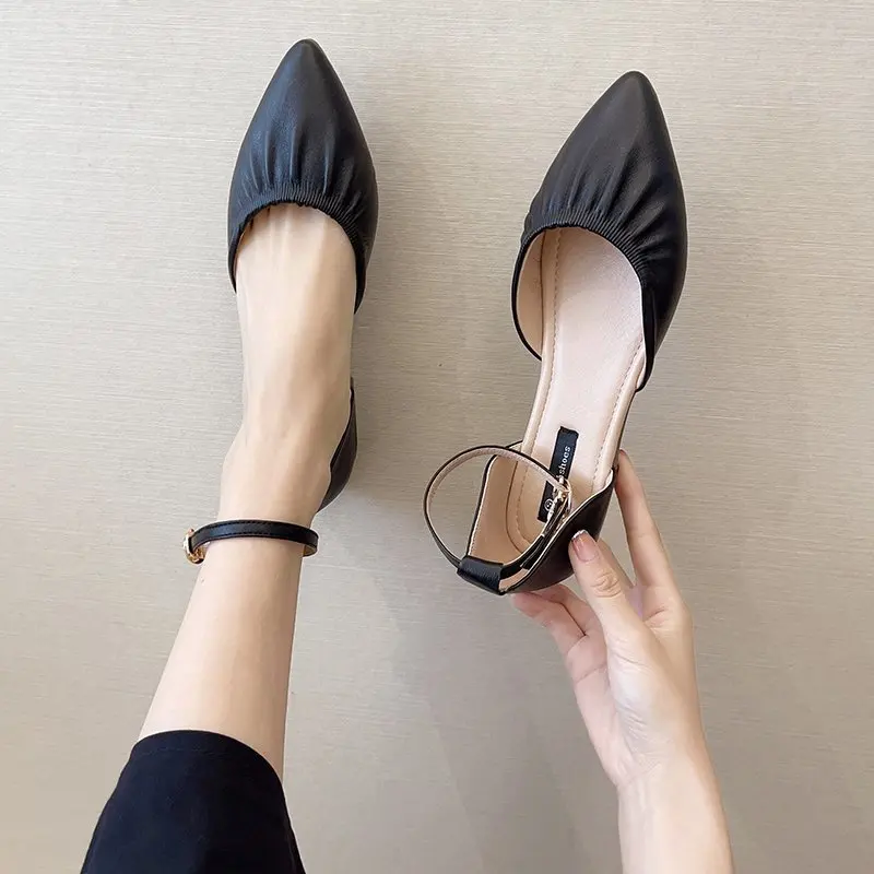 

2021 Sandals Low-Heeled Shoes With Strap Suit Female Beige Shallow Mouth Buckle All-Match New Low-heeled Clear Black Closed Fash