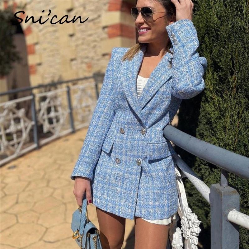 

Snican Spring Tweed Plaid Jacket Coat With Pocket Double Breasted Uniform Office Ladies Veste Tops Za 2021 Women Chaqueta Mujer