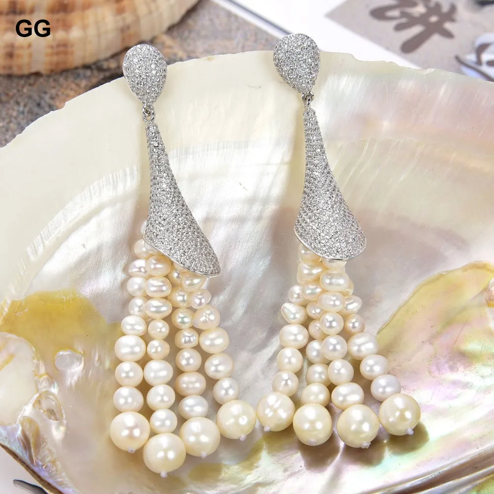 

GG Jewelry 3.7'' White Pearl Tassel Wihte Gold Plated CZ Earrings