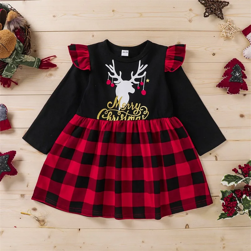 

Girls Christmas Dress Autumn Long Sleeve Cartoon Deer Pattern Plaid Dresses Children Clothes 1-6 Years Old