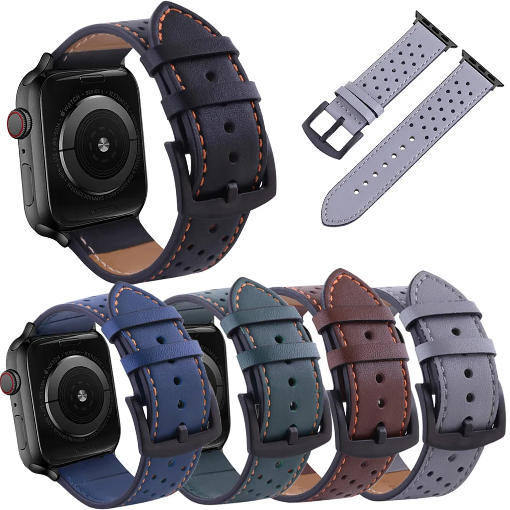 

Ventilation Genuine Leather Bracelet For Apple Watch 7 6 5 4 3 2 1 Series Band iWatch Watch Accessories Strap Watchband