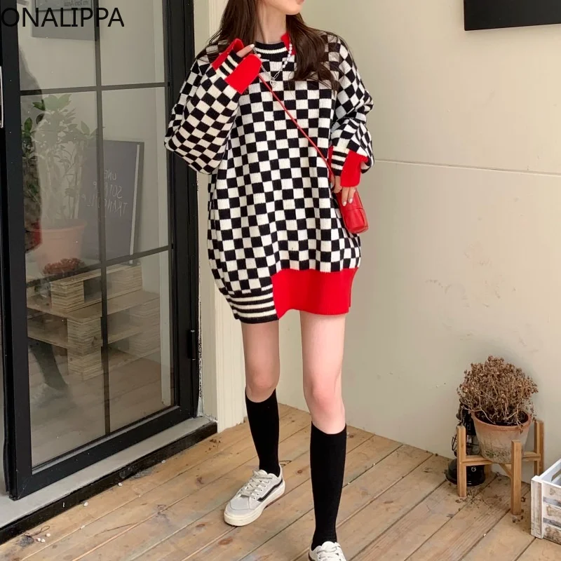 

ONALIPPA Women Sweater 2021 Autumn Winter New Retro Love Contrast Color Loose Checkerboard Ins Tide Wild Pullover Female Tops