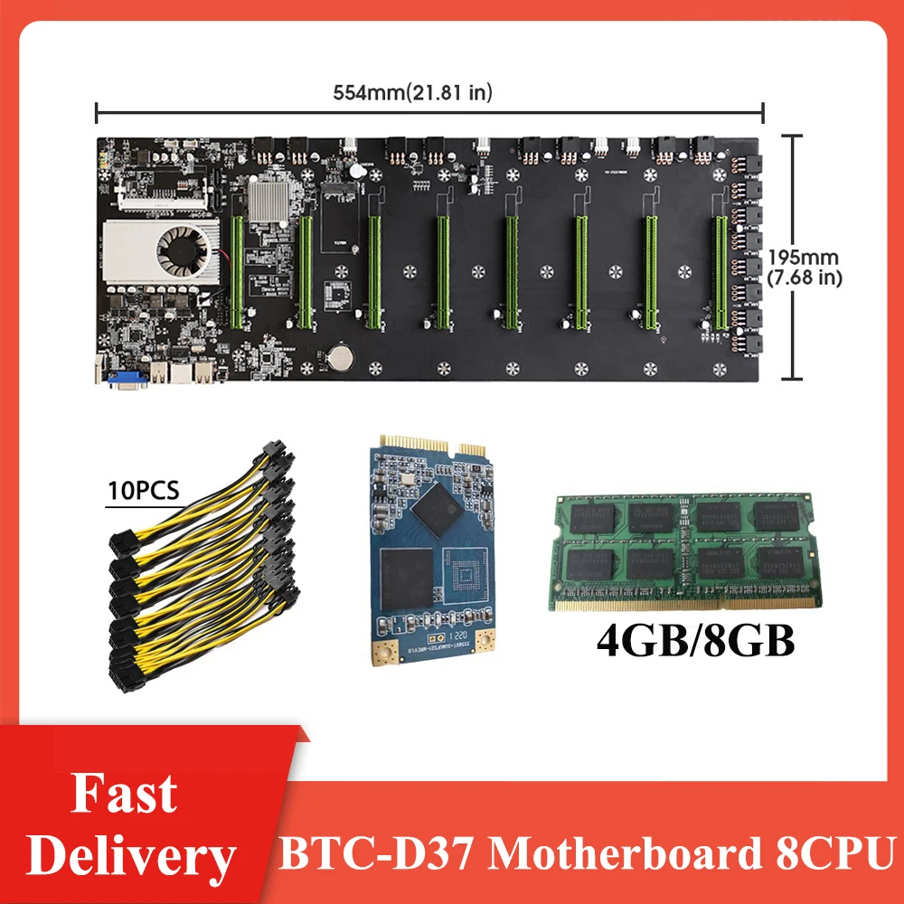 

BTC-D37Riserless Mining Motherboard 8CPU Bitcoin Crypto Etherum Mining Set with 8GB DDR3 1600MHz RAM 128GB mSATA SSD Power Cable