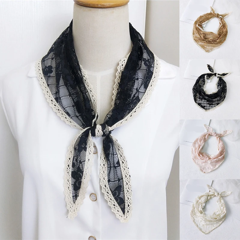 

Lace Grid Triangle Scarf Women Sweet Flower Embroidery Scarf Cute Girl Head Scarves Neckerchief Lovely Headwear Wrist Decoration