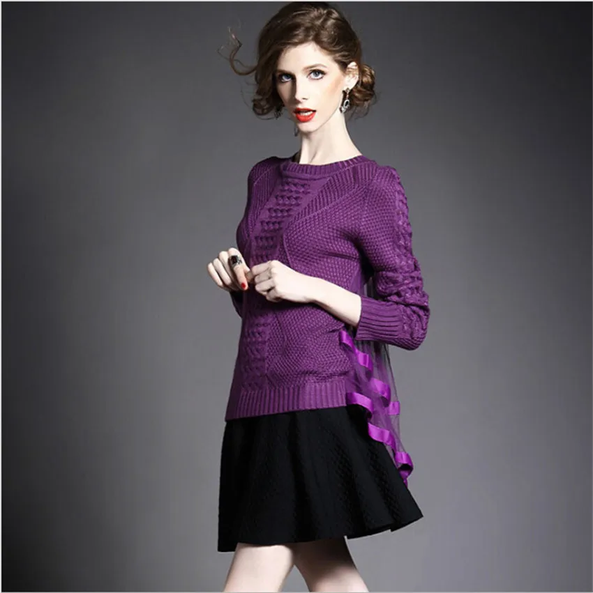 

Pullover Sweater Women Autumn Winter Knit High Quality Solid Patchwork Mesh Thick Sweaters Female 5 Colors