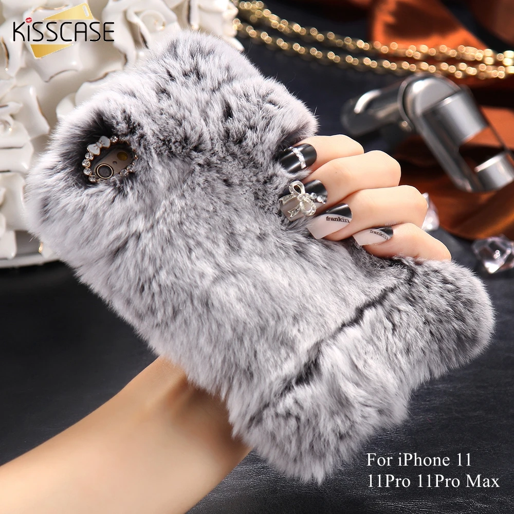 KISSCASE Colorful Rabbit Fluffy Fur Phone Cases For iPhone 11 Pro Max X 6 6S 7 8 Plus XS Girly Diamond Furry Plush Back Cover |