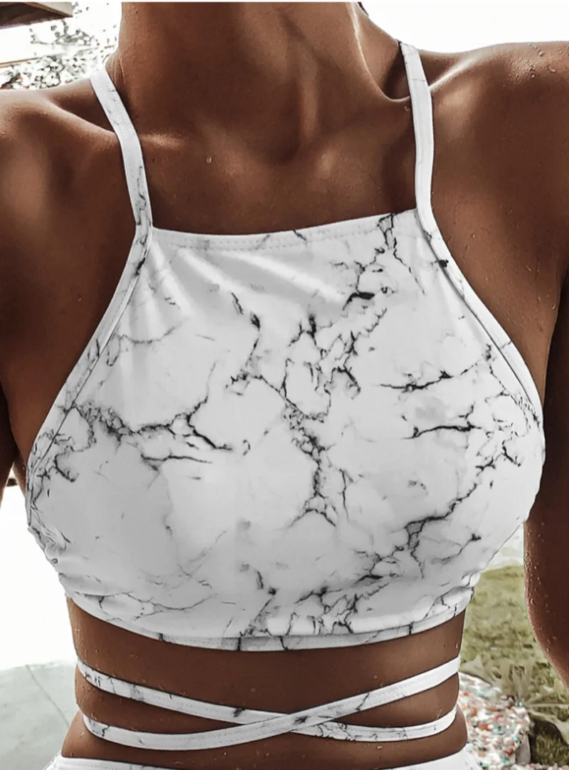 

swim CyxWzy Women Swimsuit New 2022 Upper Outer Garment White Marble Clothes Push Up Backless With Long String Fastened Swimwear