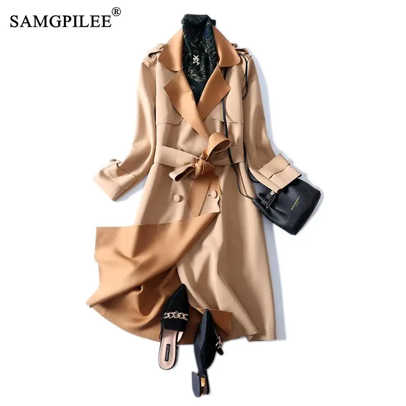 

Trench Coat For Women 2021 Casual Female Jacket Broadcloth Full Sleeve Turn-down Collar Double Breasted Slim Long Trench Coat
