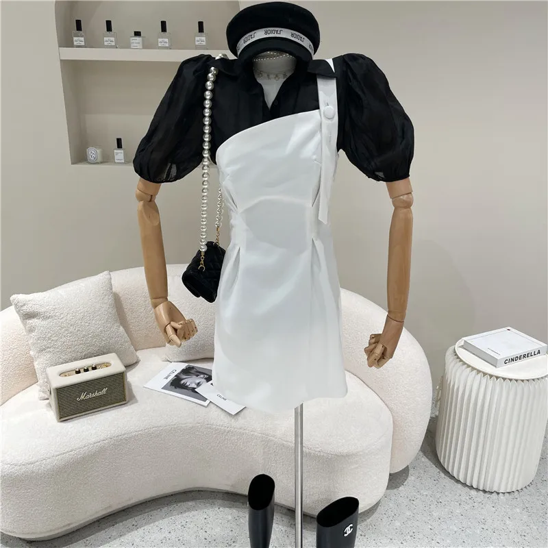 

Two piece set Women's Spring Summer 2021 Fashion Design irregular suspender Dress Set bubble sleeve solid Lapel shirt