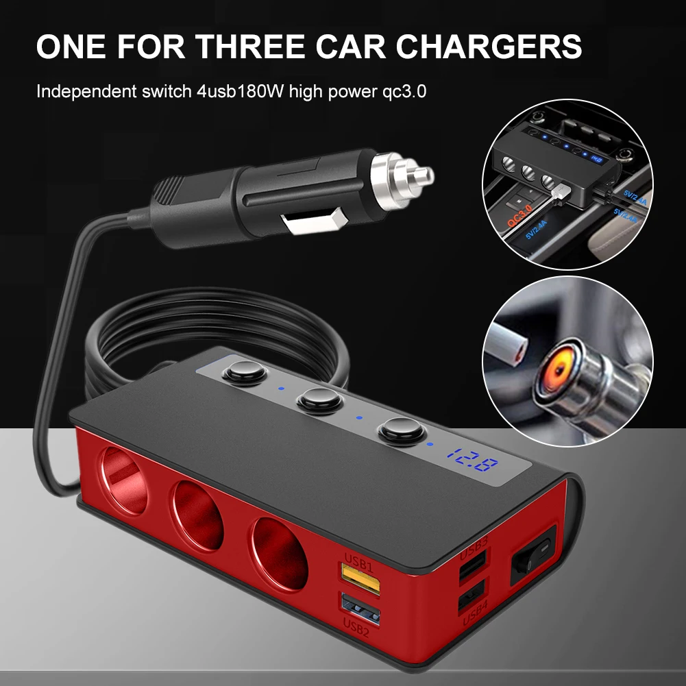 

Car Charger 12/24V 4 USB Lighter Adapter QC3.0 Fast Charge 180W Lighter Splitter with Voltmeter ON/OFF Switch for Phone Tablet