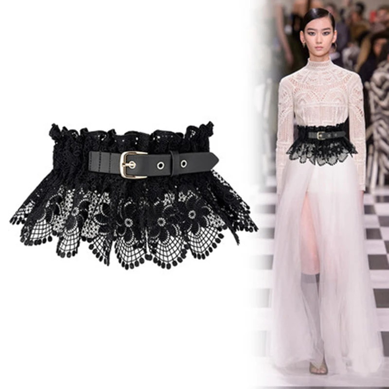 Женский кружевной пояс с баской элегантный черный/белый в крупную буклетку