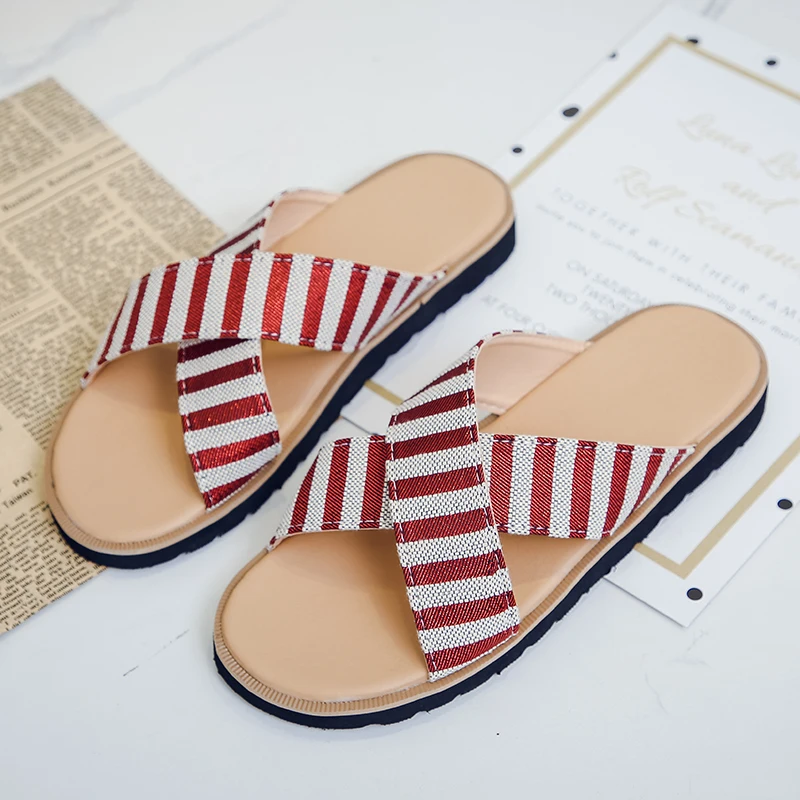 

Summer Women Slipper Striped Cross Canvas Flat Heel Peep Toe Thick Soft Sole Simple Casuals Sandals Outdoor Slides Ladies Shoes