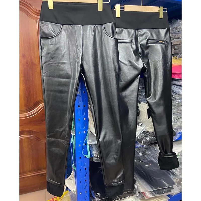 S-7XL женские леггинсы с высокой талией бархатные плотные кожаные эластичные