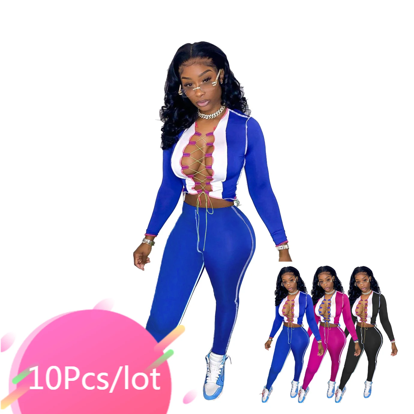 

Bulk Item Wholesale Lots Fall Clothes for Women Two Piece Sets Streetwear Lace Up Crop Top Leggings Pants Bandage Matching Sets