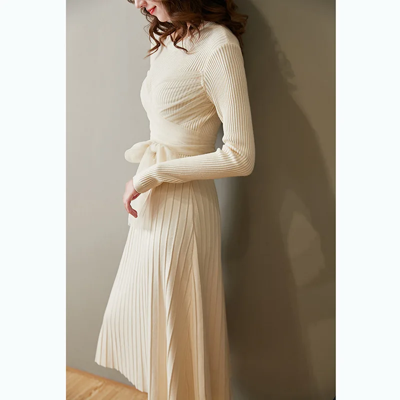 

Autumn Winter Women Knitted Sweater Dress Slim Korean Splice Mesh Elegant Chic Girl Next Door Fashion Style Knit Pleated Dresses